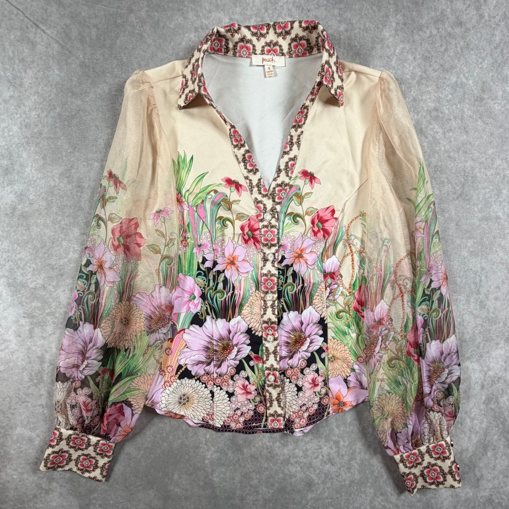 Peach Womens Small Blouse Multicolor Floral Sheer Long Sleeve Jeweled Buttons